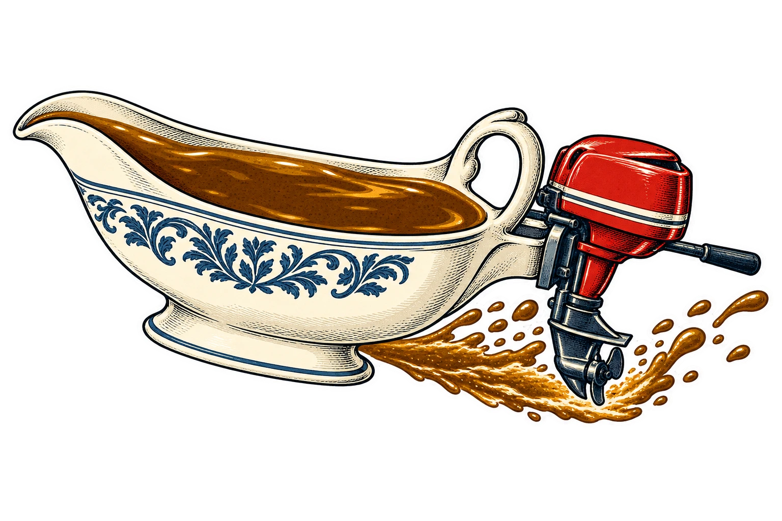 A porcelain gravy boat with a red outboard motor